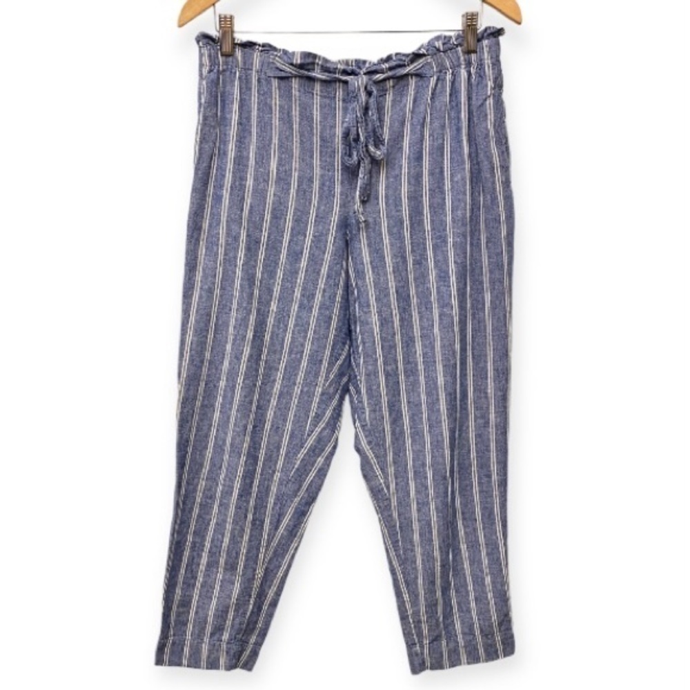 Beach Lunch Lounge Linen Blend Pants Blue White Stripe Womens Size Large - Picture 2 of 13